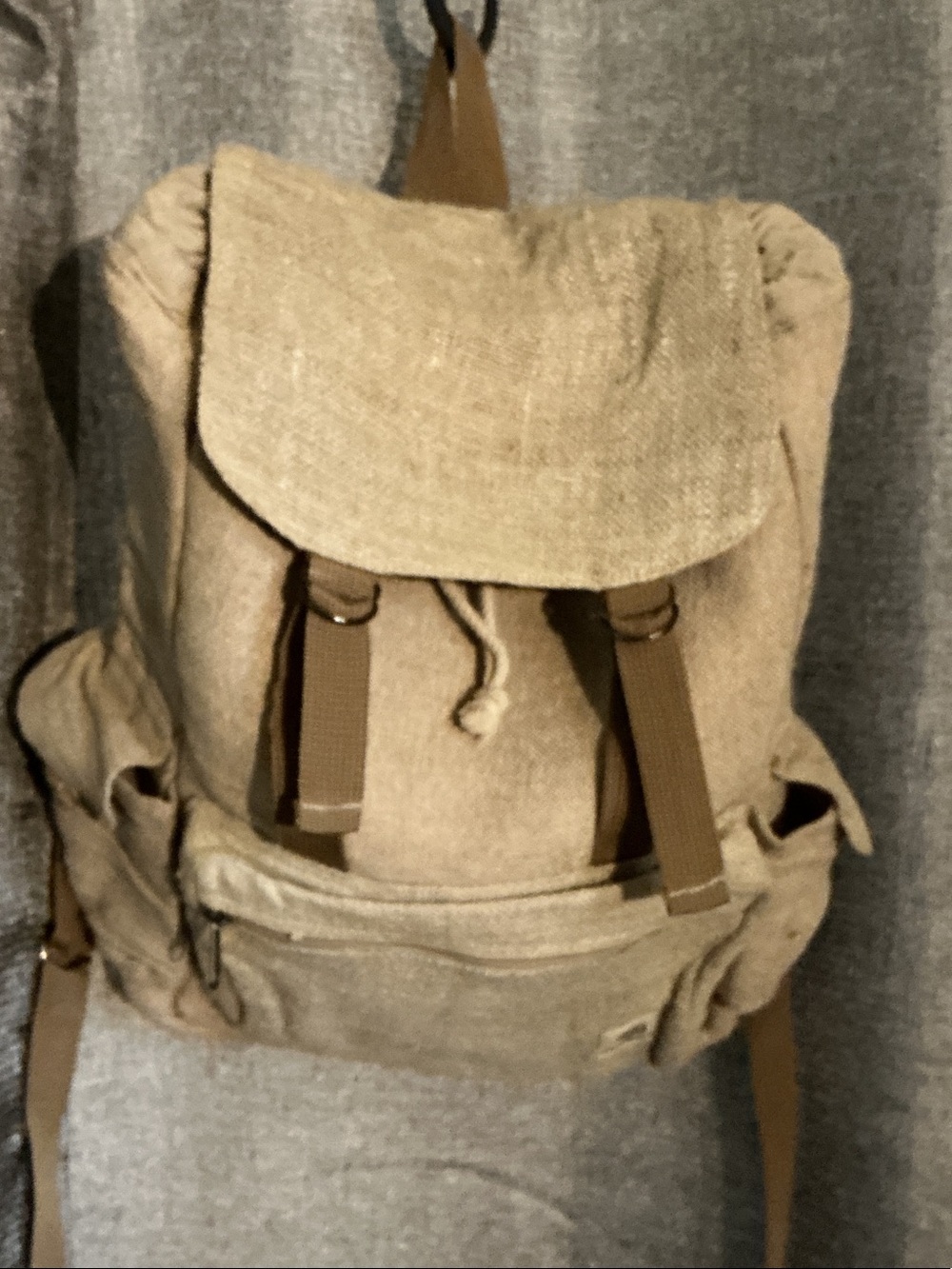 Neutral Tan Canvas Drawstring Backpack with Flap - Casual Everyday Pack
